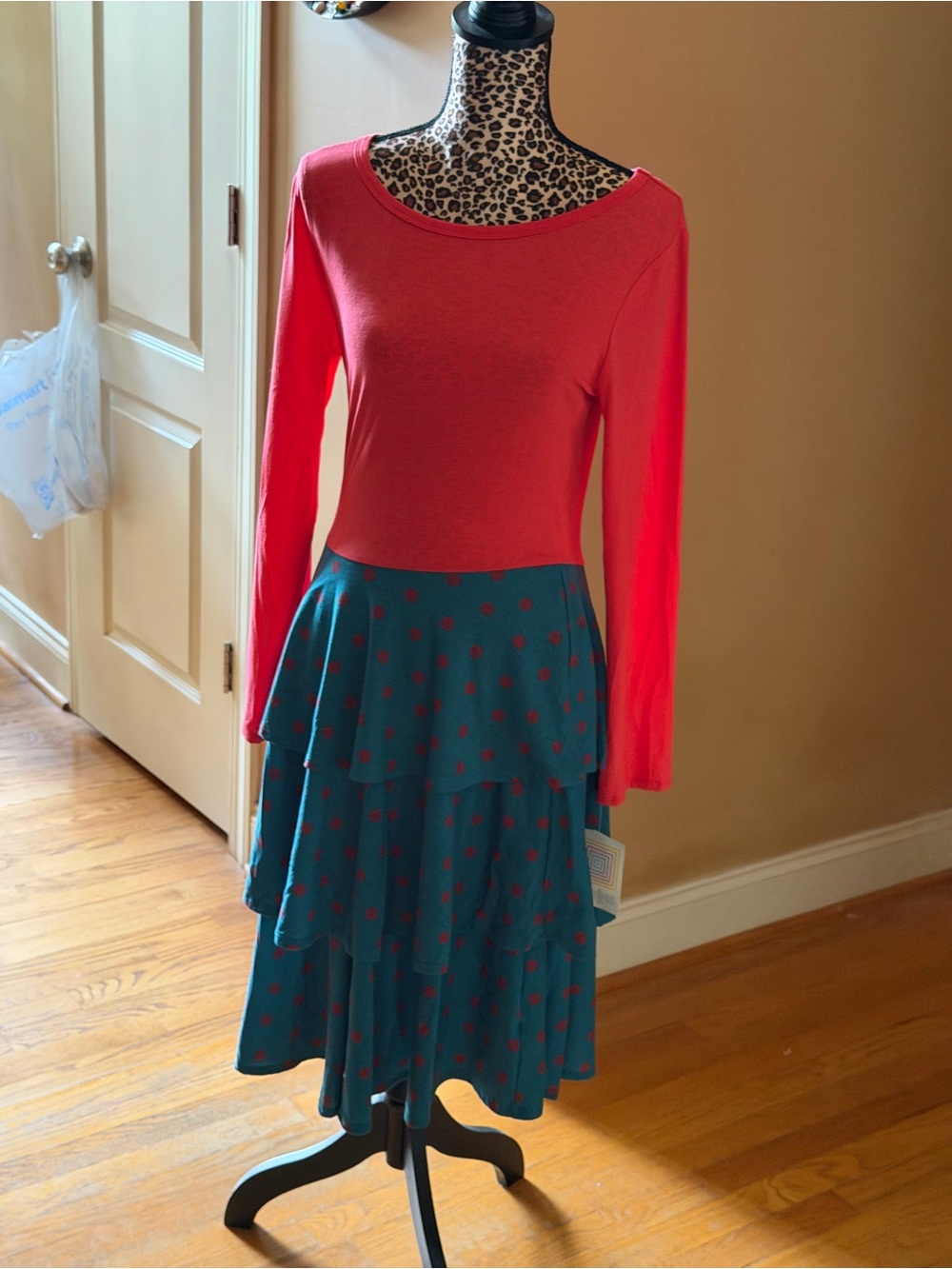 LuLaRoe Teal Tiered Skirt with Coral Polka Dots - Picture 2 of 5